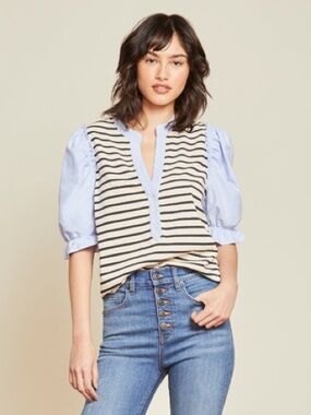 Veronica Beard Navy Striped Cream Knit Top with Pale Blue Blouse Sleeves